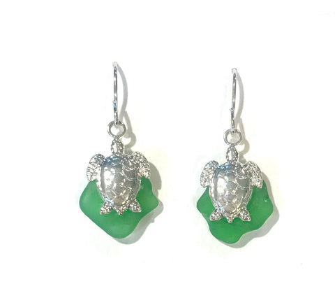 Turtle Earrings - Green Seaglass - Hurstjewelry