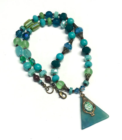 Blue and Green Beaded Necklace - Stained Glass Pendant