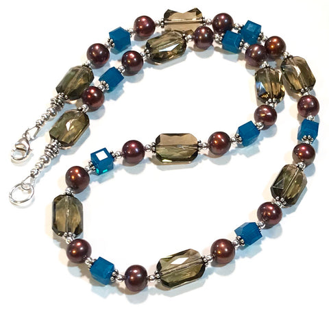 Crystal and Pearl Necklace - Fall Colors - Sterling Silver