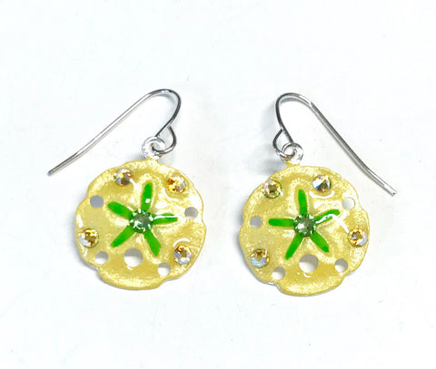 Sand Dollar Earrings - Hand Painted - Yellow and Green