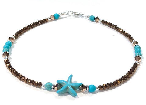 beach anklet - starfish - sterling silver - turquoise color and bronze