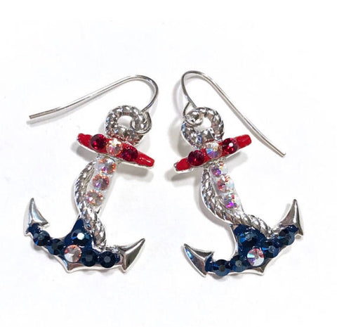 Anchor Earrings - Nautical Jewelry - Red White and Blue - Hurstjewelry