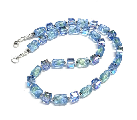Blue Ice Glass and Crystal Necklace - Sterling Silver