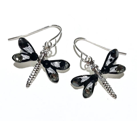 Dragonfly Earrings - Hand Painted - Black and Grey - Nature Jewelry