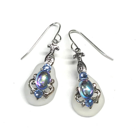 Sea Glass Earrings - Iridescent Blue Accents - Sterling Silver Ear Wires