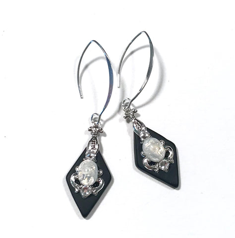 Black Stained Glass Earrings - Glass Opal - Sterling Silver Earwires
