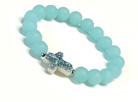 Cross Bracelet - Seafoam Matte Glass Beads - Stretch Bracelet