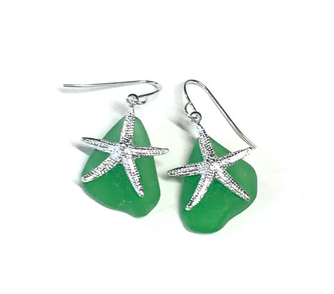 Seaglass Starfish Earrings - Green Beach Glass - Coastal Earrings