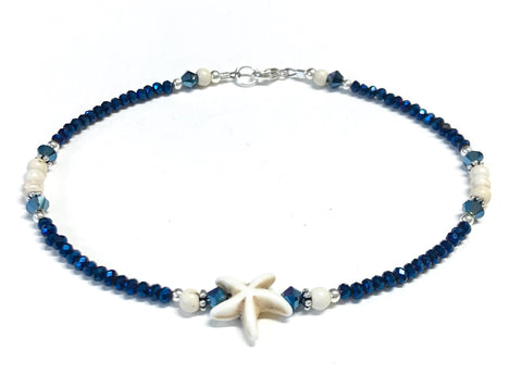 Starfish Ankle Bracelet - beach anklet - sterling silver - metallic blue