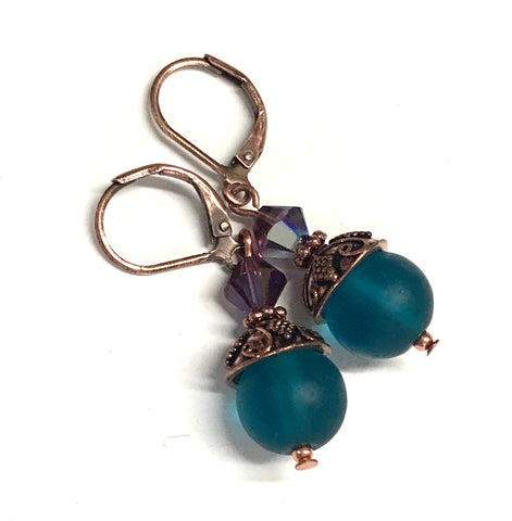 Teal Glass and Amethyst Crystal Copper Leverback Earrings