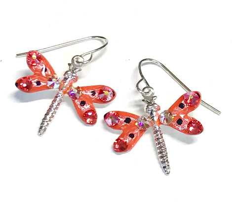 Dragonfly Earrings - Hand Painted - Orange and Coral - Nature Jewelry