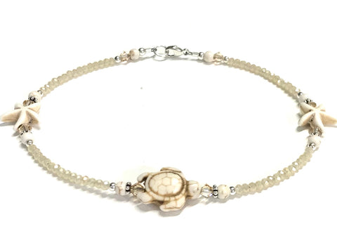 turtle and starfish anklet - sterling silver - neutral color