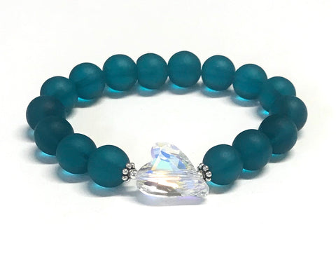 Wild Heart Crystal Beaded Stretch Bracelet - Teal Matte Glass Beads