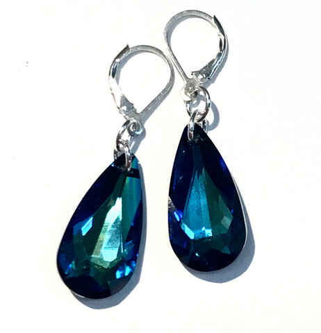 Bermuda Blue Crystal Teardrop Leverback Earrings