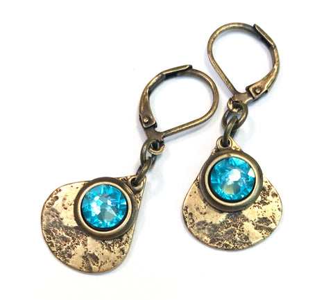 Light Turquoise Swarovski Crystal Brass Teardrop Leverback Earrings - Hurstjewelry