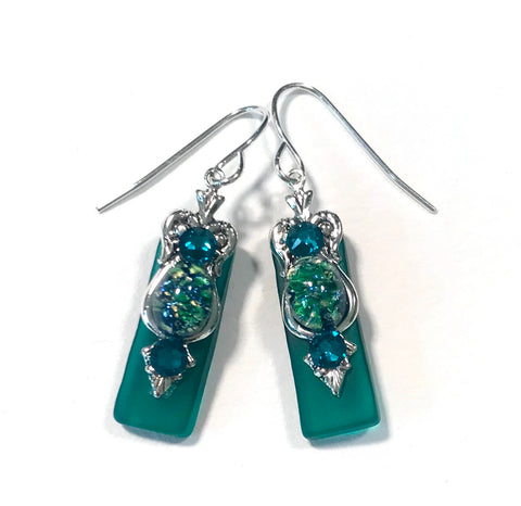 Green Stained Glass Earrings with Glass Opal