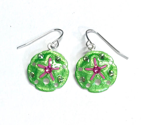 Sand Dollar Earrings - Hand Painted - Green and Pink