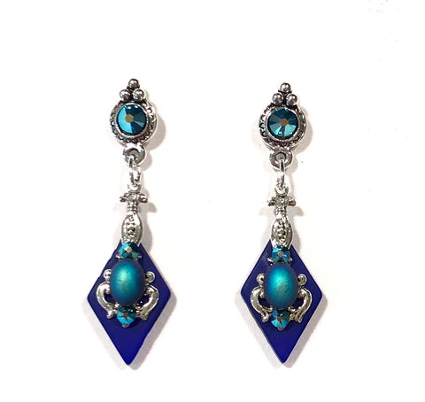 Cobalt Blue Earrings - Crystal Post - Stained Glass