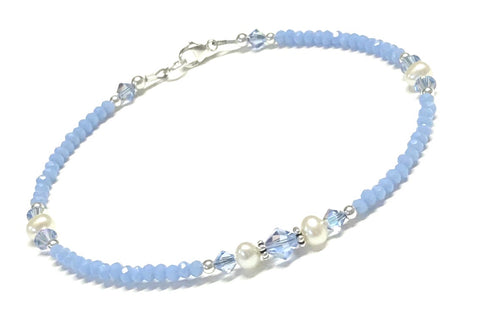 Light Blue Anklet - Pearl and Crystal - Sterling Silver - 9 - 12 Inches Available