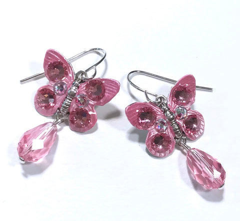 Butterfly Earrings - Light Rose Crystal - Pink