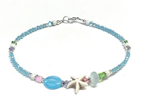 Starfish anklet with an assortment of glass and crystal beads