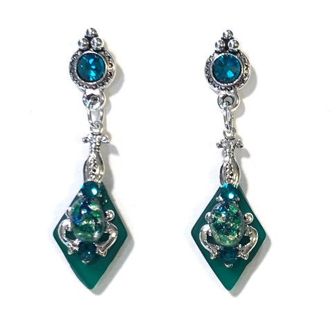 Green Glass Opal Earrings - Crystal Post - Stained Glass