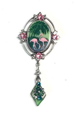 Pink Flamingo and Palm Tree Cameo Brooch with Beach Glass Dangle