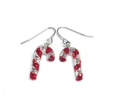 red and white candy cane earrings with crystal accents