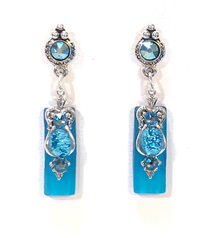 Bright Aqua Earrings - Crystal Post - Stained Glass