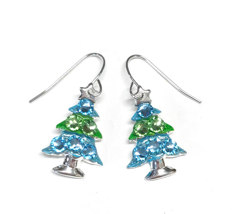 coastal inspired Christmas tree earrings in the  colors of aqua and lime.  Accented with coordinating crystals 