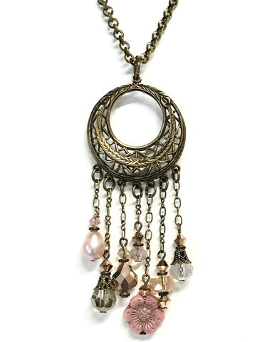 Long Necklace - Pearl - Crystal - Glass - Flower - Pink