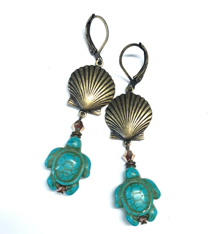 Shell and Turtle Earrings Turquoise Magnesite