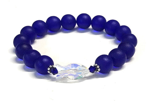 Crystal Fish and Cobalt Blue Matte Glass Stretch Bracelet