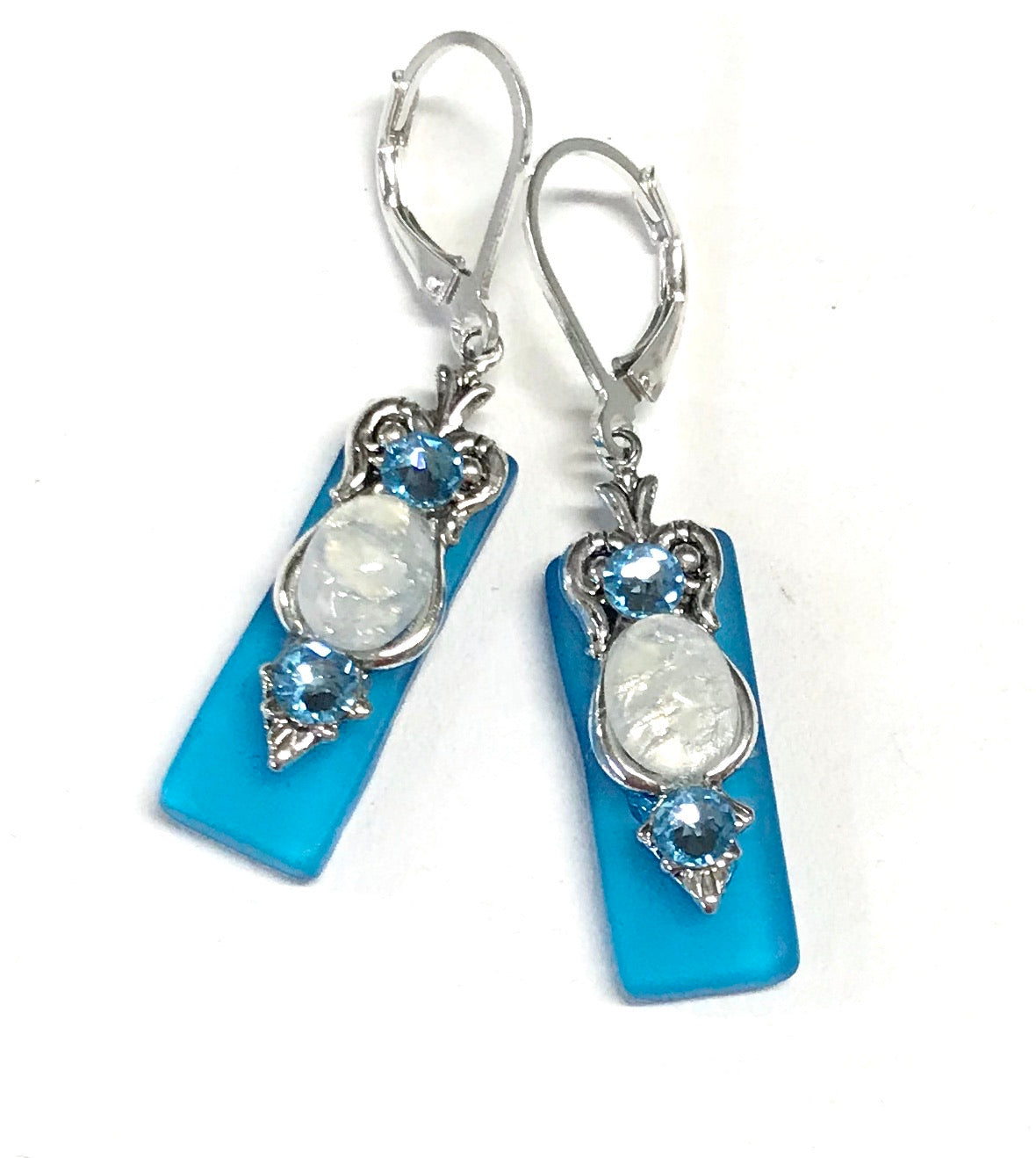 Aqua Stained Glass Earrings Sterling Silver Leverbacks