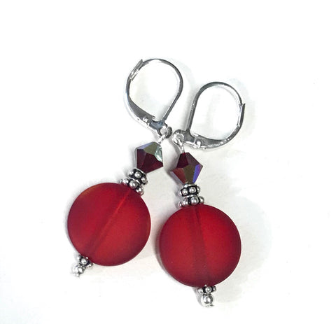 Red Glass and Crystal Leverback Earrings